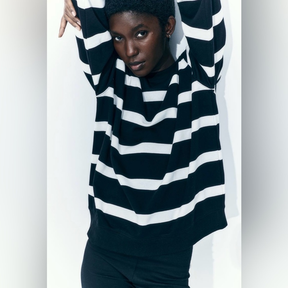 Black & White Striped Cotton Long Sleeve Top | Crew Neck | Large - Picture 4 of 10